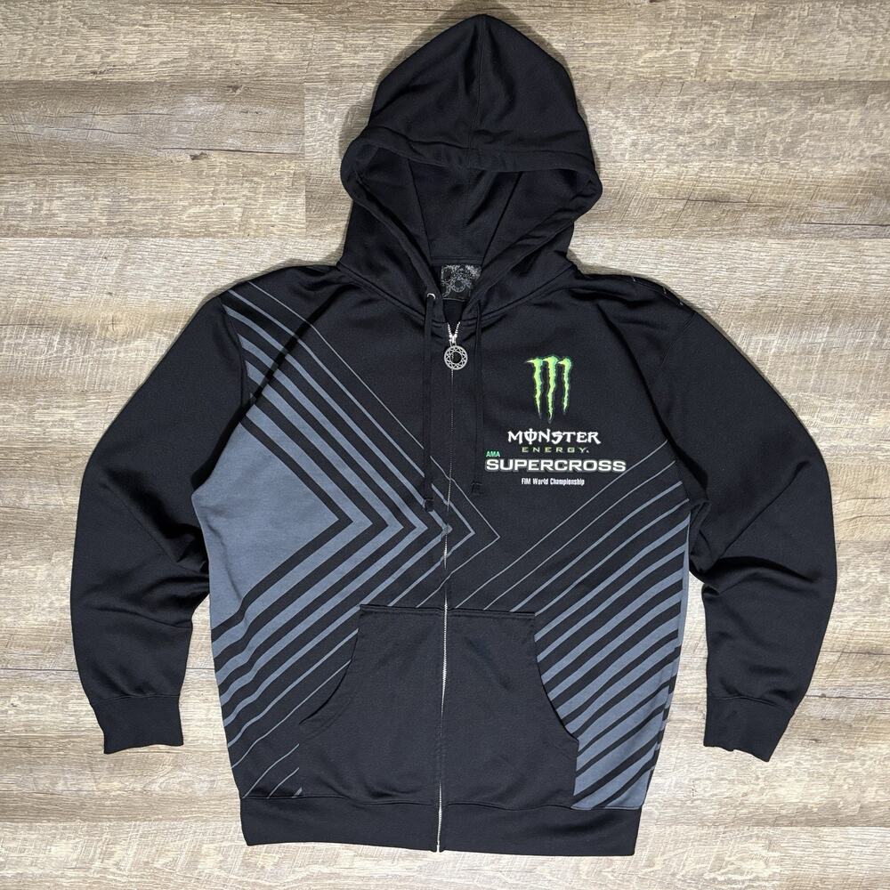 Monster Energy Supercross Hoodie Men's L Black Full Zip Grunge Y2K